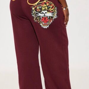 Ed Hardy Retro Tiger Wide Leg Pant - Burgundy